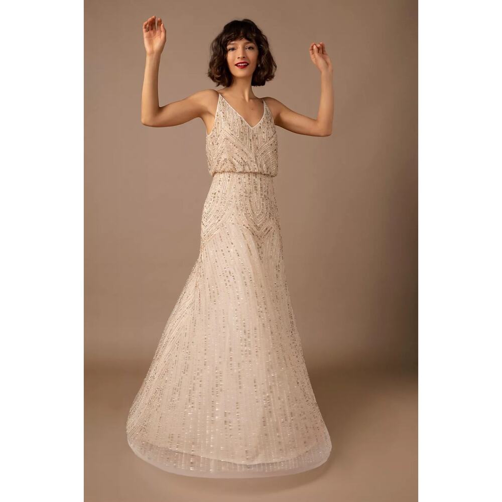 BHLDN Champagne-Beaded V-Neck Maxi Dress